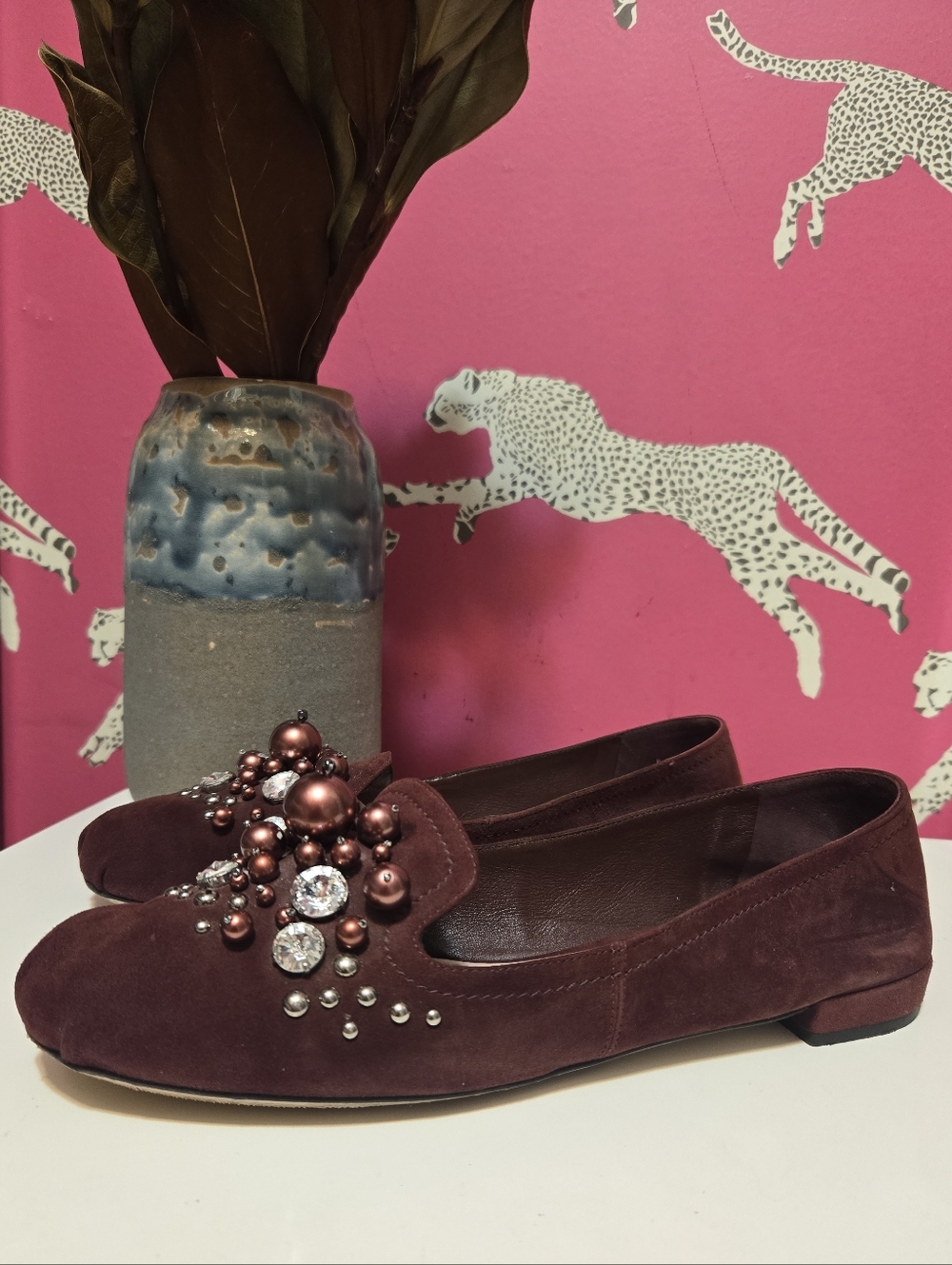 Miu Miu Embellished Burgundy Suede Women's Ballet Flats Loafers Size 40 IT 9 US - Picture 9 of 11